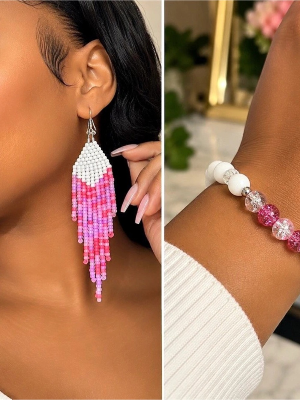 Pink & White Beaded Jewelry Set